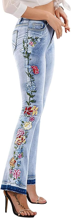 Floral Embroidered High Rise Flare Jeans Discounts and Cashback