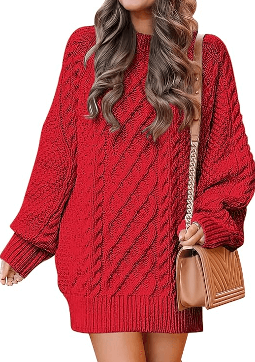 ANRABESS Women 2023 Fall Crewneck Long Sleeve Oversized Cable Knit Chunky Pullover Short Sweater Dresses Discounts and Cashback
