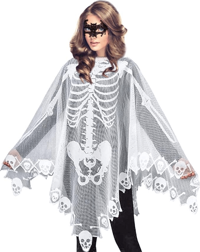 Qerhod Women's Skeleton Halloween Costume Skeleton Cape Poncho, Includes Masquerade Mask for Halloween Discounts and Cashback