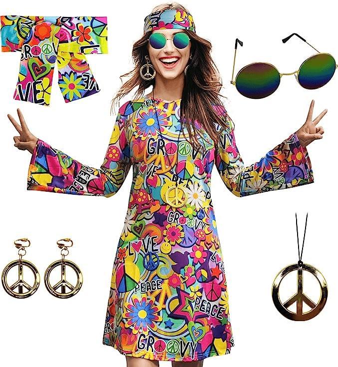 MRYUWB 70s Hippie Dress Costumes Necklace Earrings Sunglass Women Disco Outfit, 60s Party Costume, Halloween Retro Dress Discounts and Cashback