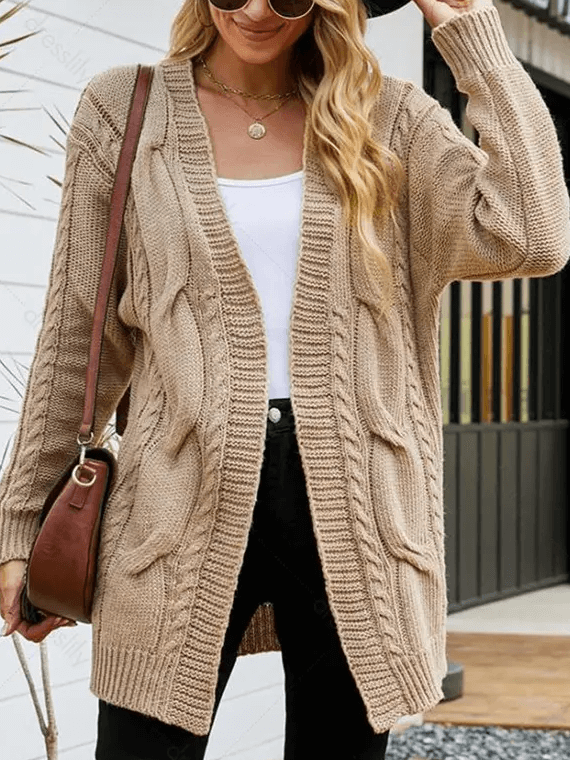 Twist Cable Knit Sweater Cardigan Open Front Solid Color Ribbed Hem Cardigan Discounts and Cashback
