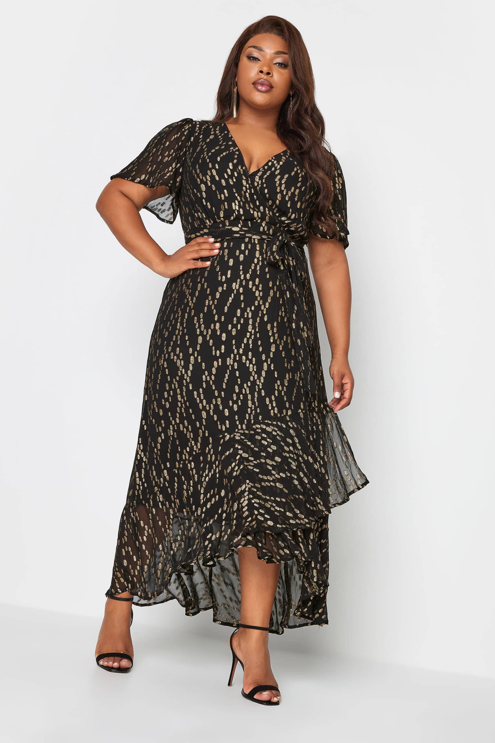 YOURS LONDON Curve Black Metallic Ruffle Wrap Dress Discounts and Cashback