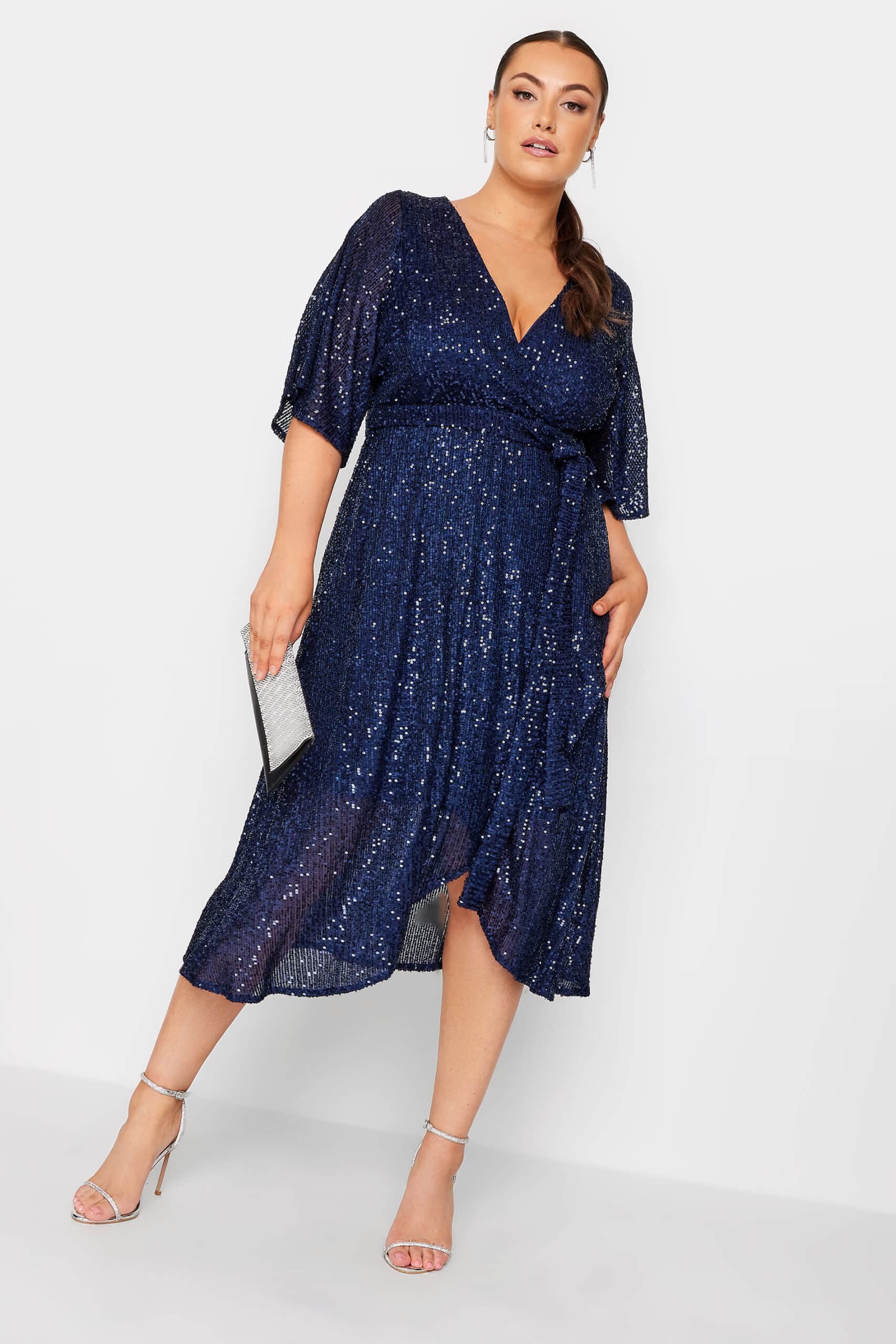 YOURS LONDON Curve Navy Blue Sequin Embellished Double Wrap Dress Discounts and Cashback