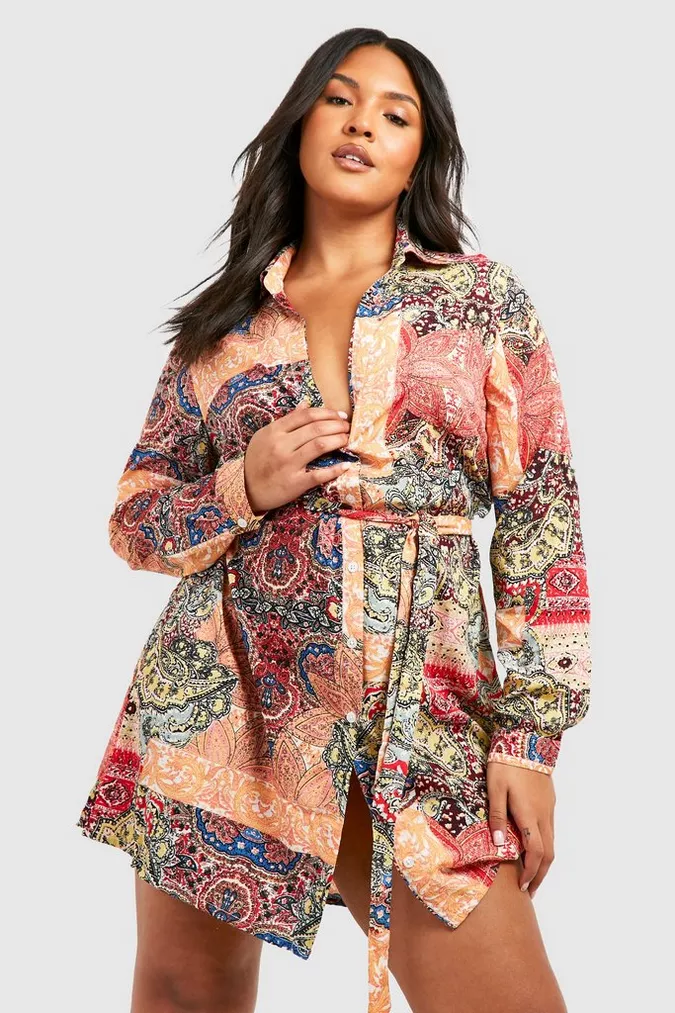 Plus Paisley Long Sleeve Shirt Dress Discounts and Cashback