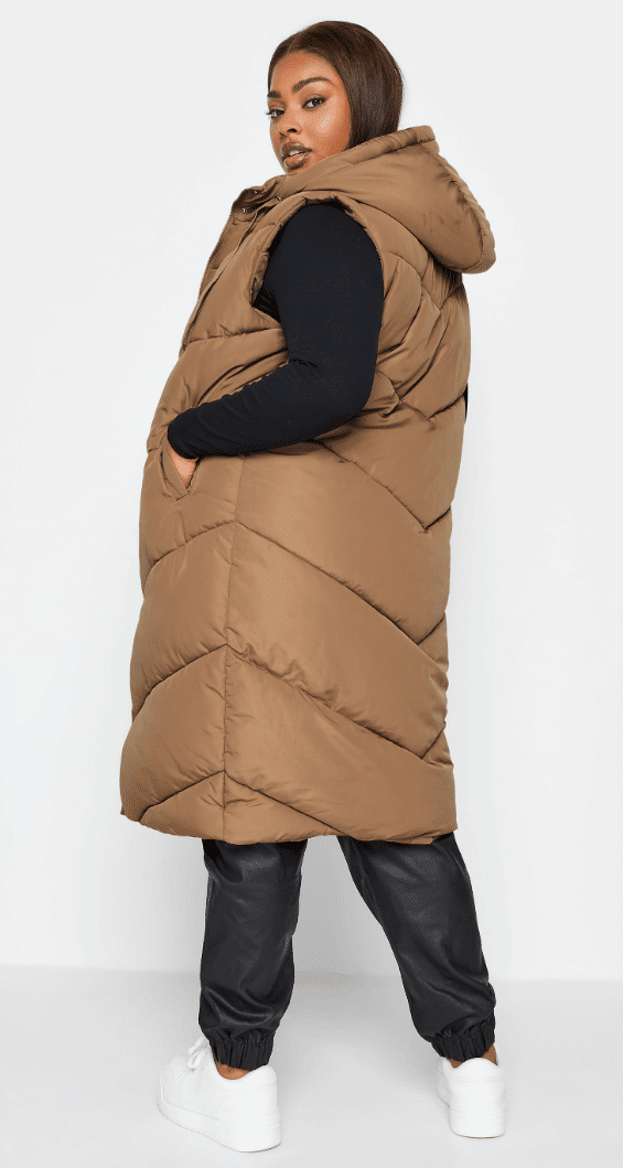 YOURS Curve Brown Quilted Longline Hooded Gilet Discounts and Cashback