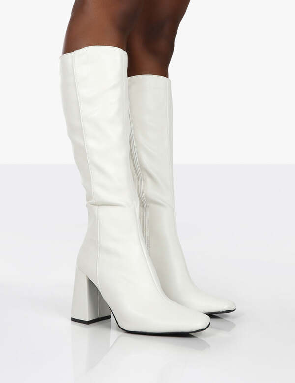 Public Desire Apology White PU Knee High Block Heel Boots Discounts and Cashback