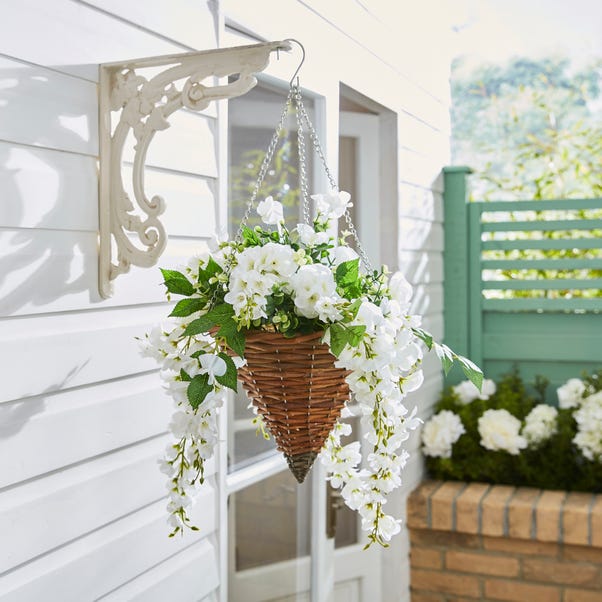 Artificial White Floral Brown Rattan Hanging Basket Discounts and Cashback