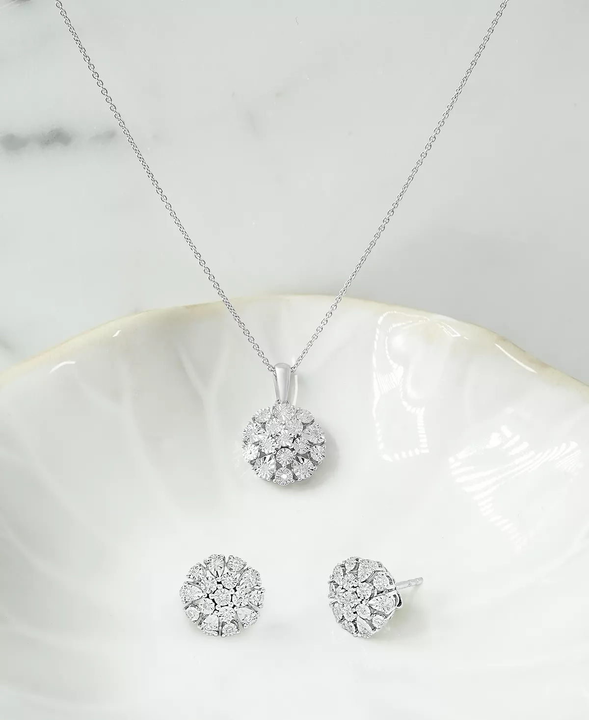 Macy's Diamond Flower Burst Stud Earrings & Pendant Necklace Collection in Sterling Silver Discounts and Cashback