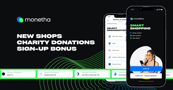 monetha update: new shops, charity, sign up bonus